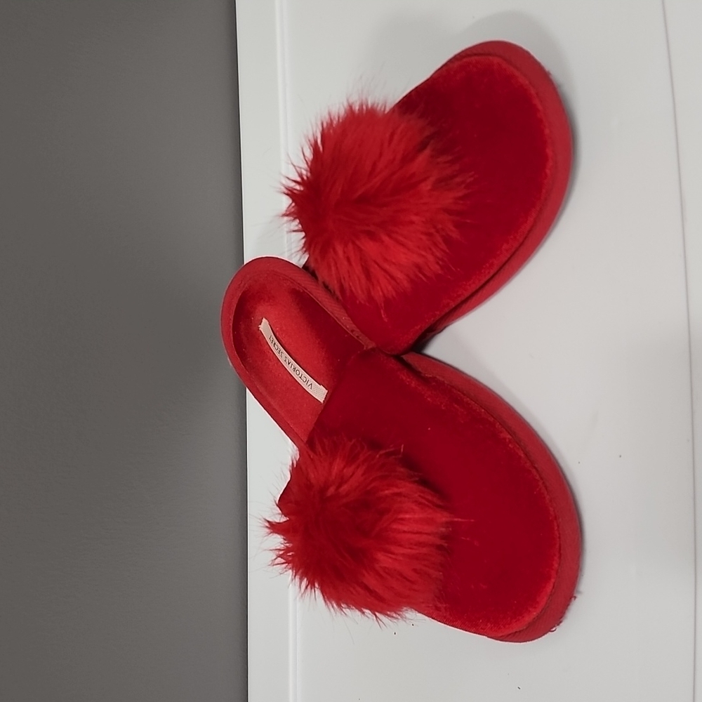 Victoria's Secret Red Velvet Plush Pompom Slippers